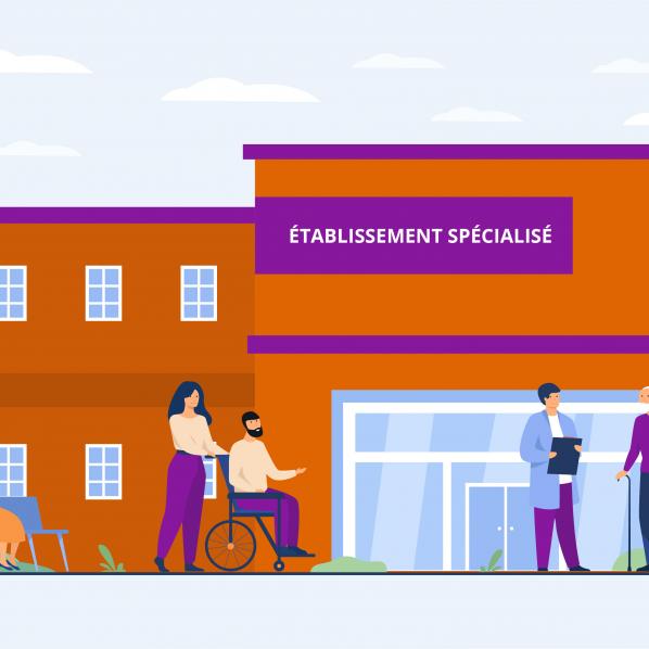 Illustration de personnes en situation de handicap devant un établissement spécialisé