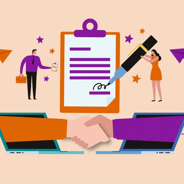 Illustration de deux personnes sont en train de signer un papier officiel après s'être mis d'accord 