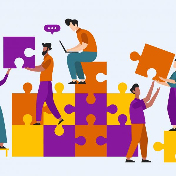 Illustration de personnes qui s'aident pour assembler un puzzle 