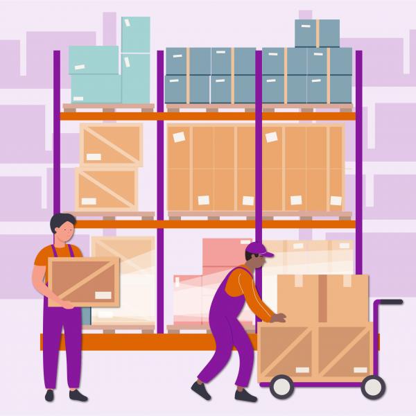 Deux hommes en train de charger un chariot de cartons